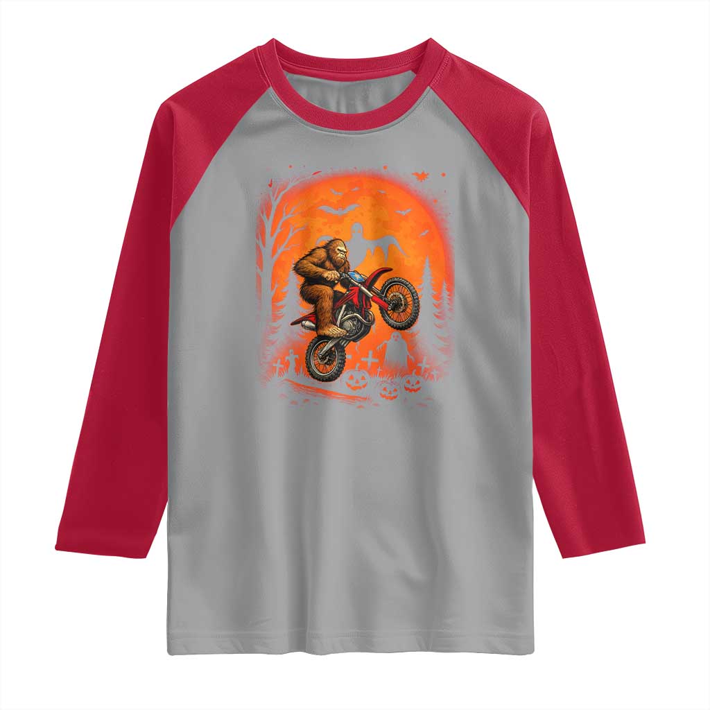 Bigfoot Dirt Bike Raglan Shirt Sasquatch Halloween Creepy Biker - Wonder Print Shop