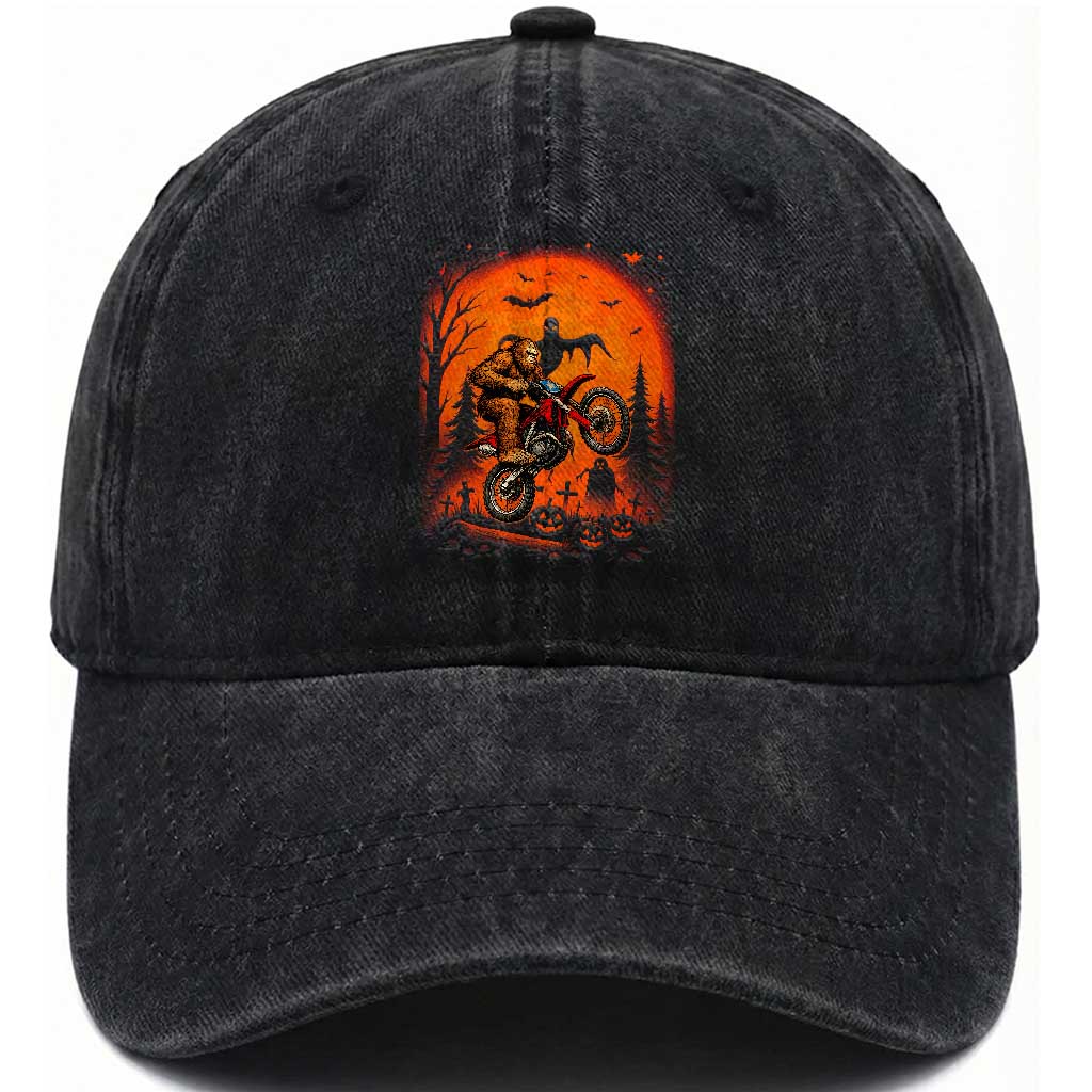 Bigfoot Dirt Bike Washed Cotton Baseball Cap Sasquatch Halloween Creepy Biker