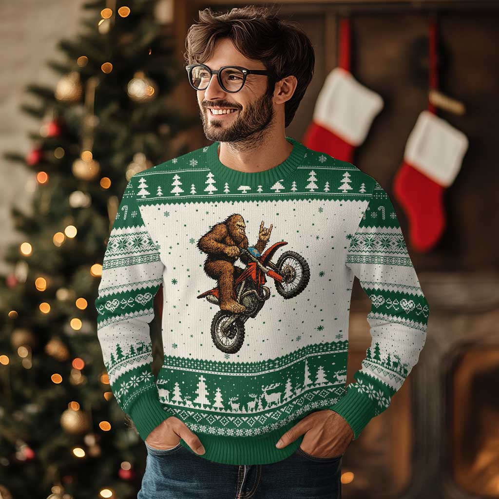 Bigfoot Dirt Bike Ugly Christmas Sweater Motocross Sasquatch Rock On Hand - Wonder Print Shop