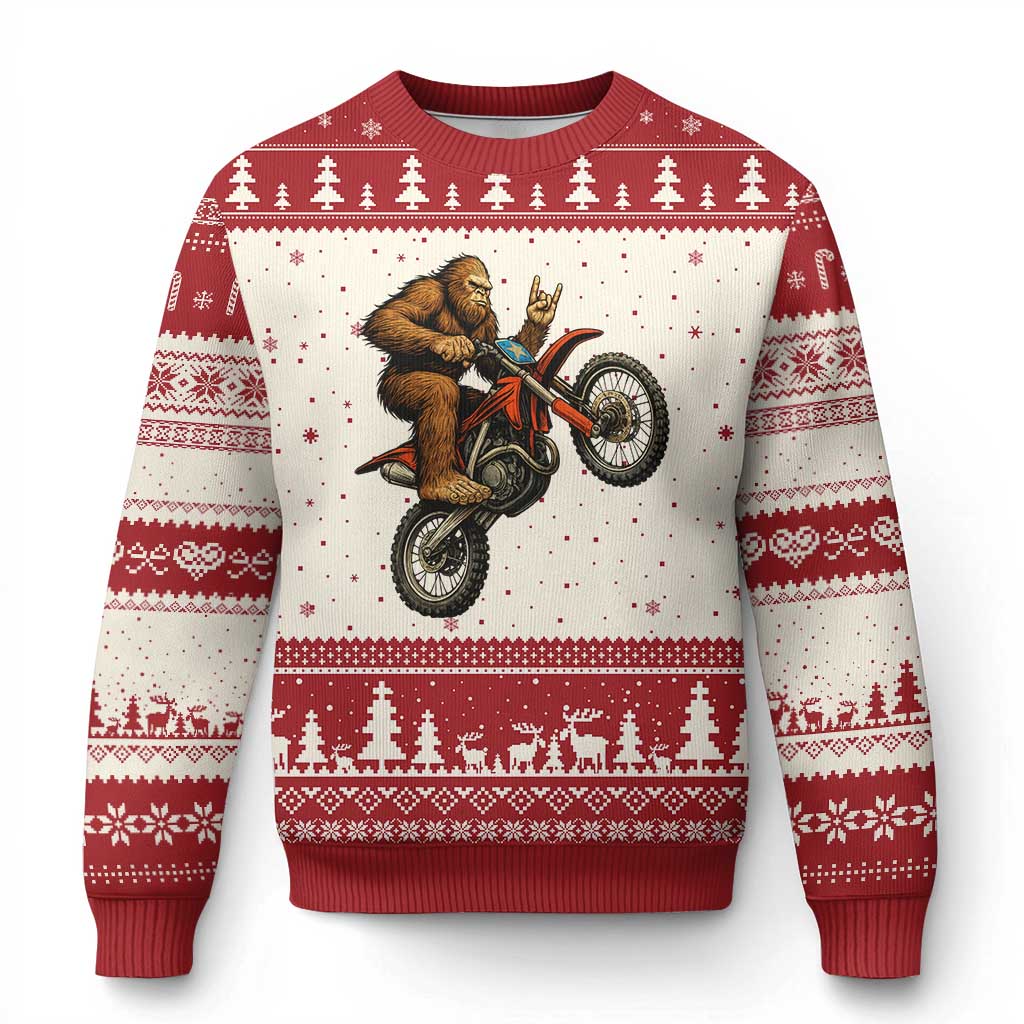 Bigfoot Dirt Bike Ugly Christmas Sweater Motocross Sasquatch Rock On Hand - Wonder Print Shop
