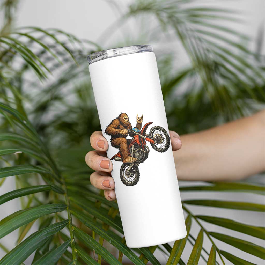 Bigfoot Dirt Bike Skinny Tumbler Motocross Sasquatch Rock On Hand
