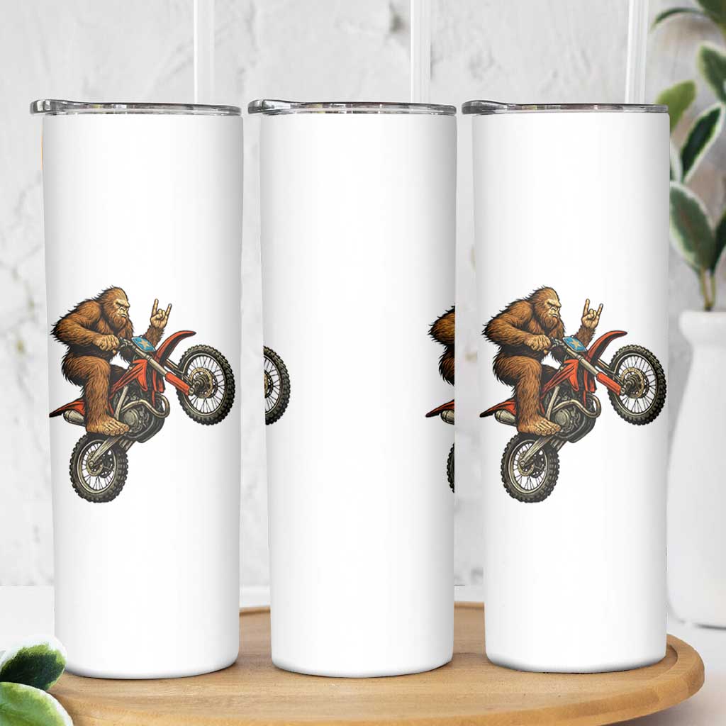 Bigfoot Dirt Bike Skinny Tumbler Motocross Sasquatch Rock On Hand