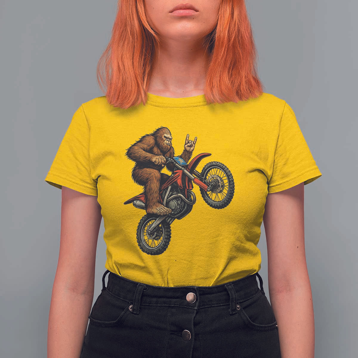 Bigfoot Dirt Bike T Shirt For Women Motocross Sasquatch Rock On Hand - Wonder Print Shop