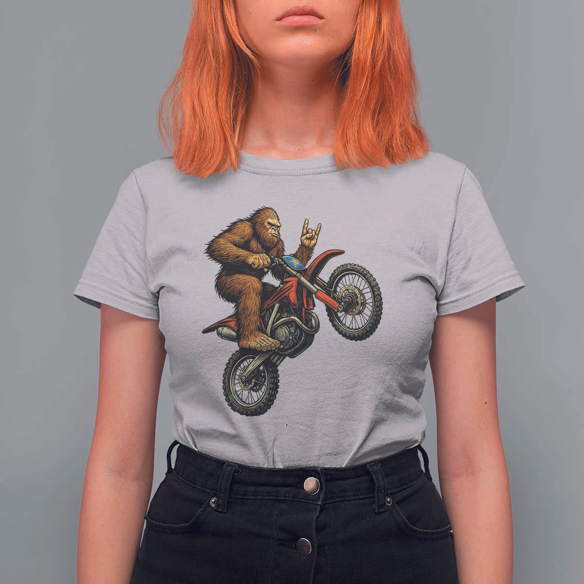 Bigfoot Dirt Bike T Shirt For Women Motocross Sasquatch Rock On Hand - Wonder Print Shop