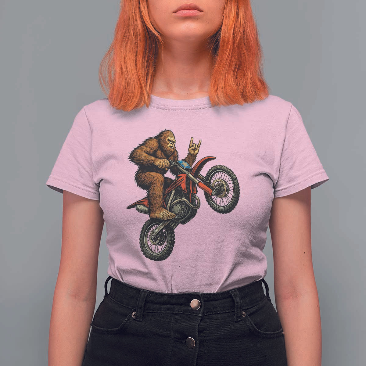 Bigfoot Dirt Bike T Shirt For Women Motocross Sasquatch Rock On Hand - Wonder Print Shop