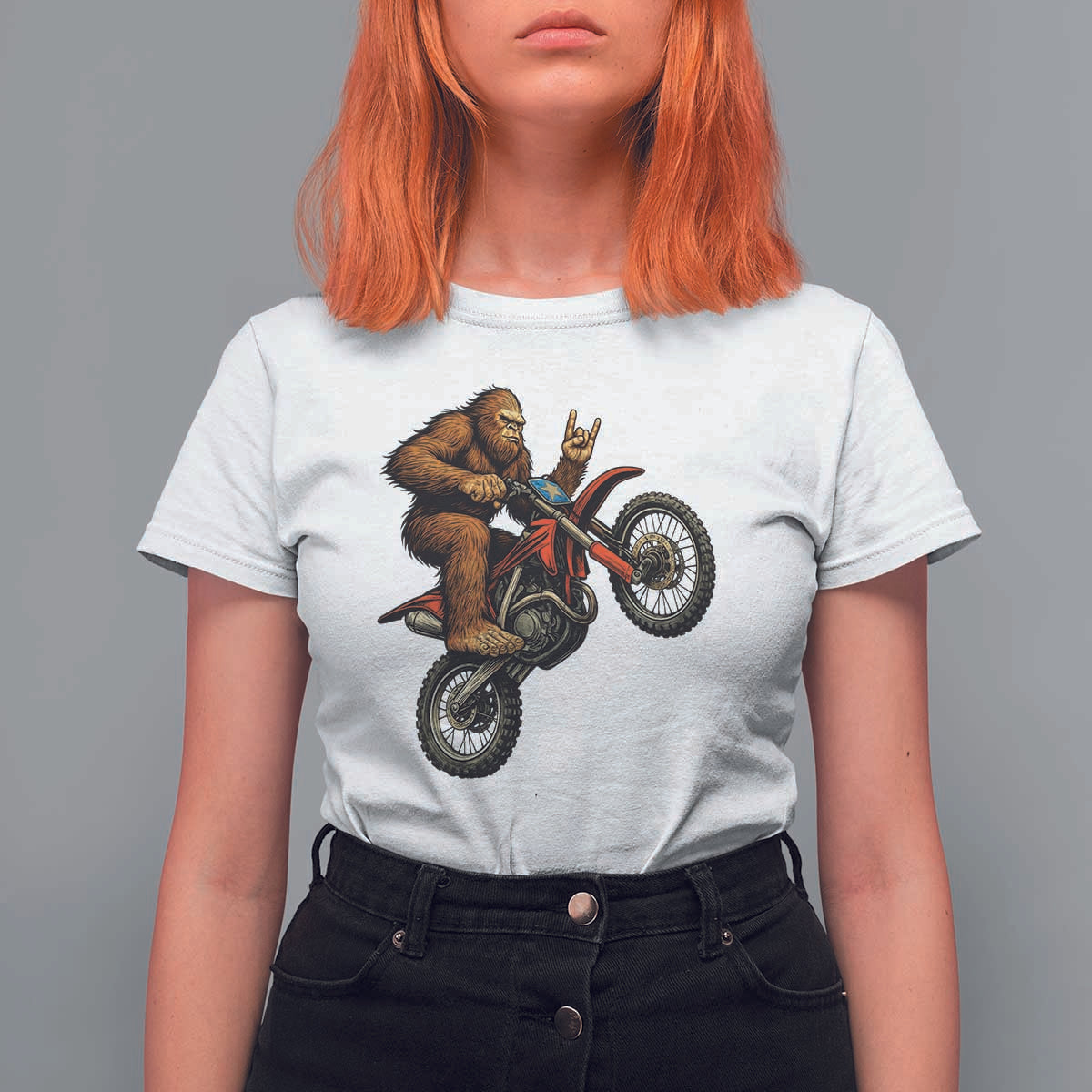 Bigfoot Dirt Bike T Shirt For Women Motocross Sasquatch Rock On Hand - Wonder Print Shop
