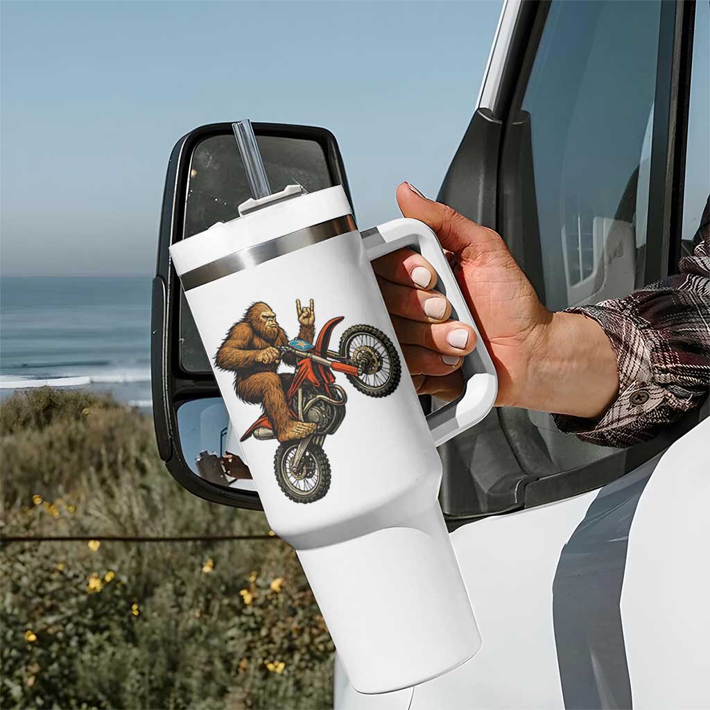 Bigfoot Dirt Bike Tumbler With Handle Motocross Sasquatch Rock On Hand
