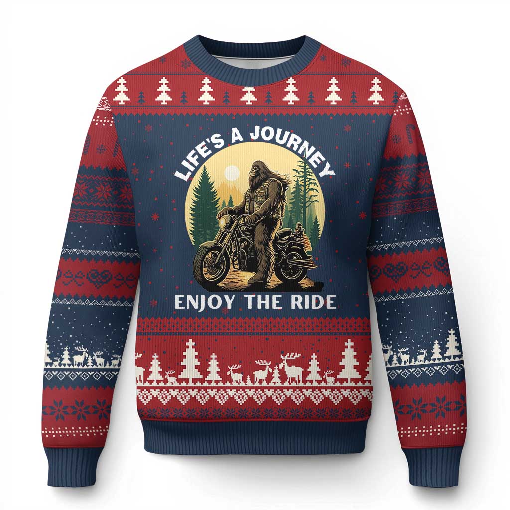Motorcycle Bigfoot Sasquatch Ugly Christmas Sweater Life Is A Journey Enjoy The Ride - Wonder Print Shop