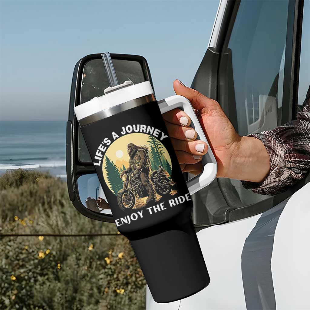 Motorcycle Bigfoot Sasquatch Tumbler With Handle Life Is A Journey Enjoy The Ride