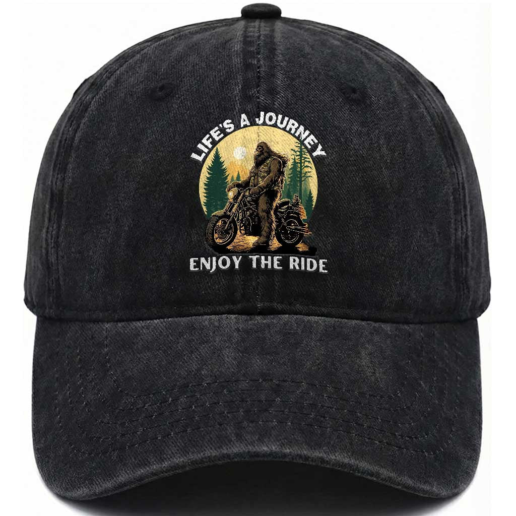Motorcycle Bigfoot Sasquatch Washed Cotton Baseball Cap Life Is A Journey Enjoy The Ride
