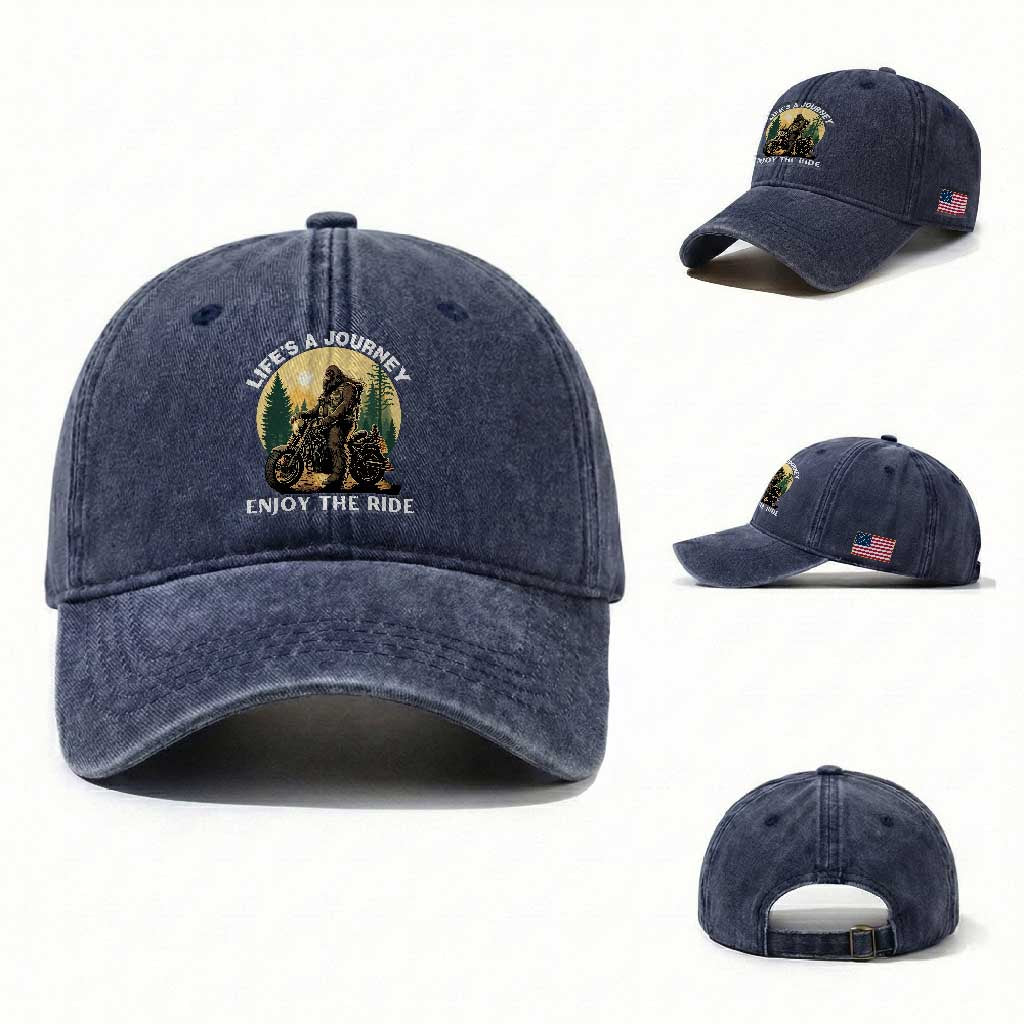 Motorcycle Bigfoot Sasquatch Washed Cotton Baseball Cap Life Is A Journey Enjoy The Ride