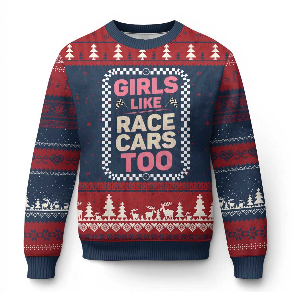 Racing Girl Ugly Christmas Sweater Girls Like Race Cars Too - Wonder Print Shop