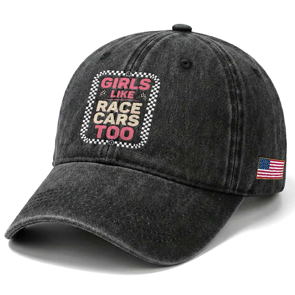 Racing Girl Washed Cotton Baseball Cap Girls Like Race Cars Too