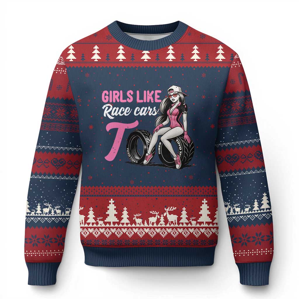 Racing Car Girl Ugly Christmas Sweater Girls Like Race Cars Too - Wonder Print Shop