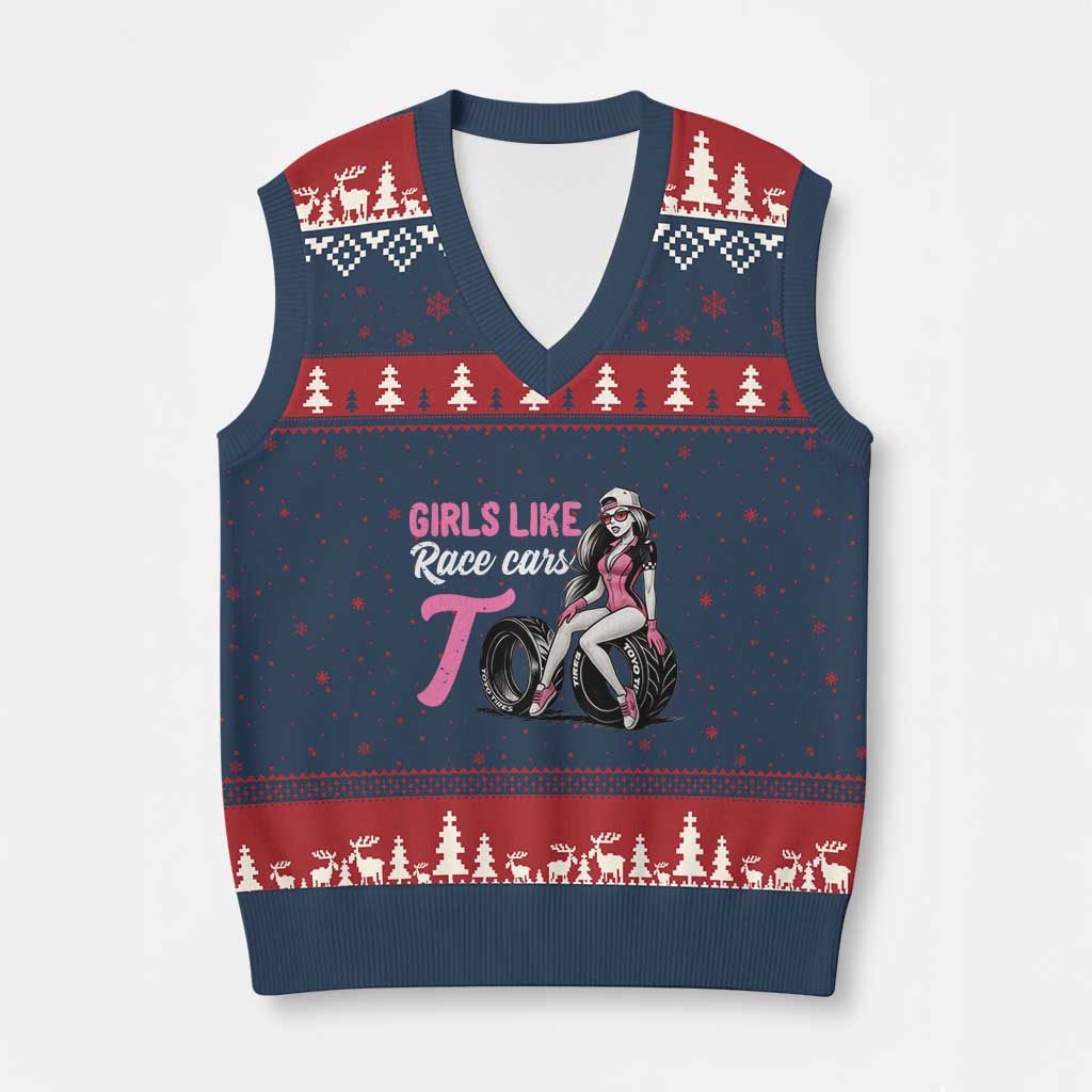 Racing Car Girl V-Neck Knit Sweater Vest Girls Like Race Cars Too - Wonder Print Shop