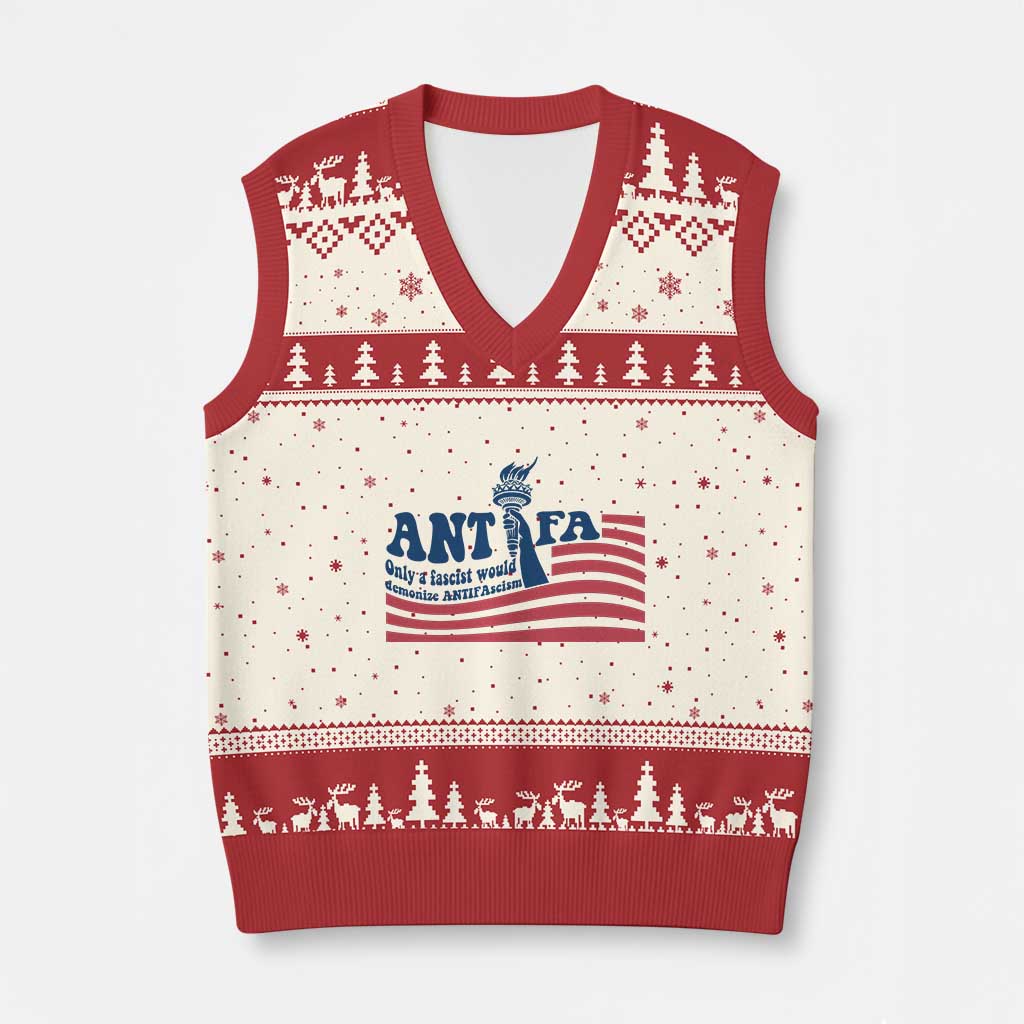 Antifa Fascism Patriotic V-Neck Knit Sweater Vest Antifascist Statue of Liberty - Wonder Print Shop
