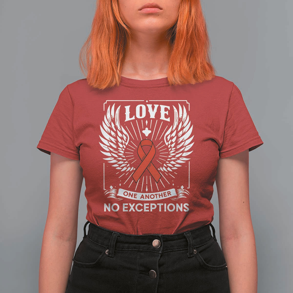 Red Ribbon Christian T Shirt For Women Cross Minimal Faith HIV Awareness Religious - Wonder Print Shop
