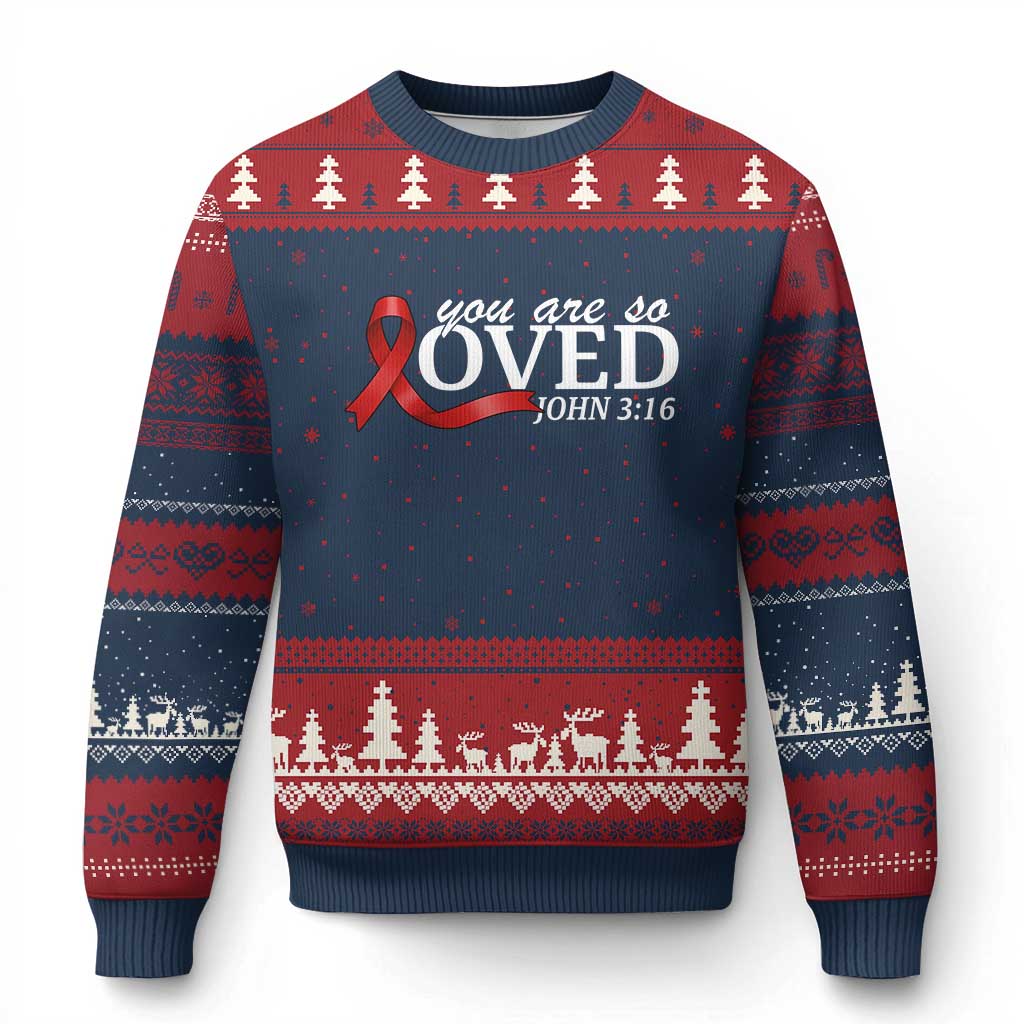 Red Ribbon Christian Ugly Christmas Sweater Cross Bible Verse Inspirational Religious Faith - Wonder Print Shop