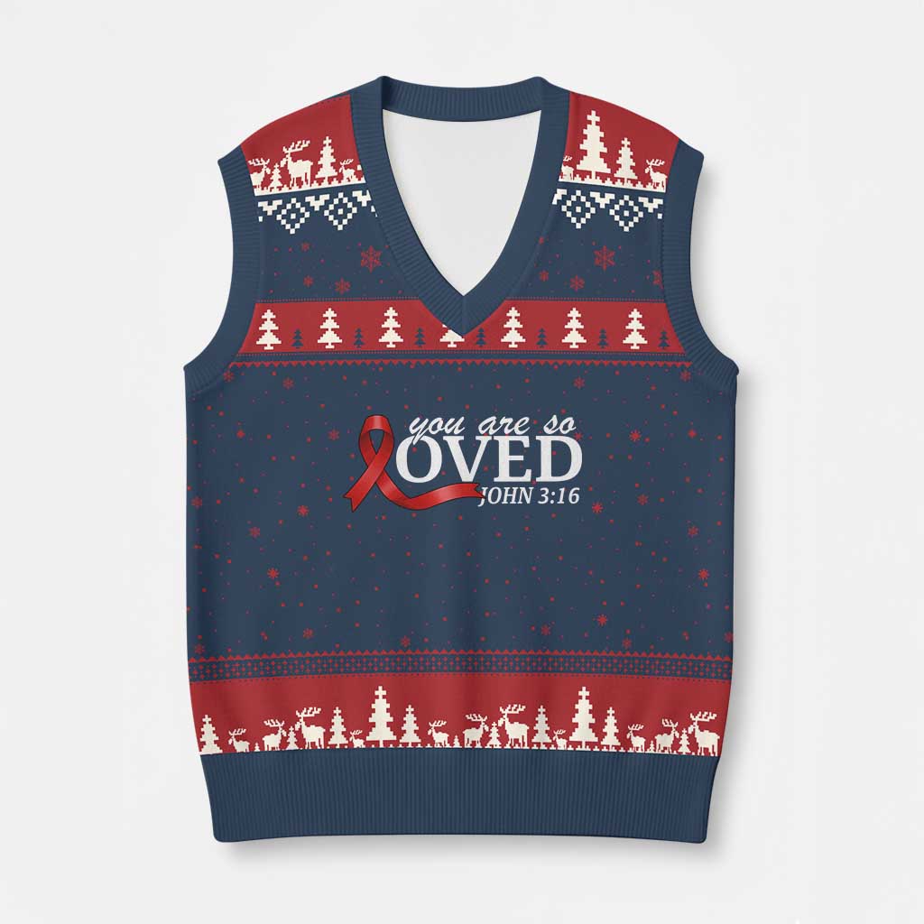 Red Ribbon Christian V-Neck Knit Sweater Vest Cross Bible Verse Inspirational Religious Faith - Wonder Print Shop