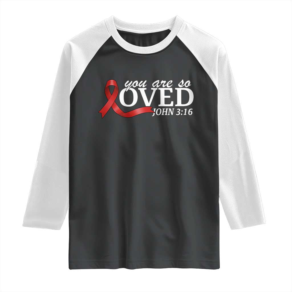 Red Ribbon Christian Raglan Shirt Cross Bible Verse Inspirational Religious Faith - Wonder Print Shop