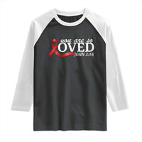 Red Ribbon Christian Raglan Shirt Cross Bible Verse Inspirational Religious Faith - Wonder Print Shop