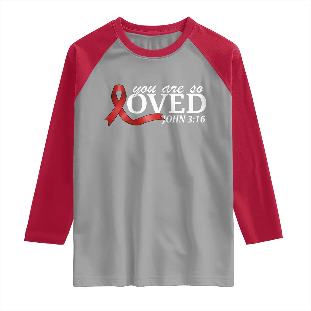 Red Ribbon Christian Raglan Shirt Cross Bible Verse Inspirational Religious Faith - Wonder Print Shop
