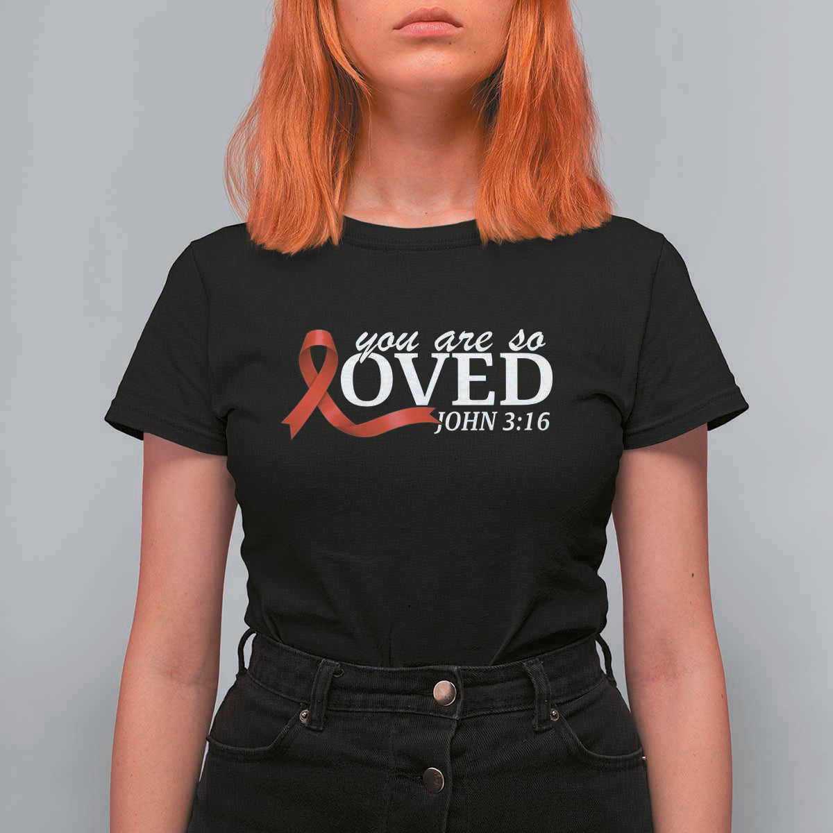 Red Ribbon Christian T Shirt For Women Cross Bible Verse Inspirational Religious Faith - Wonder Print Shop