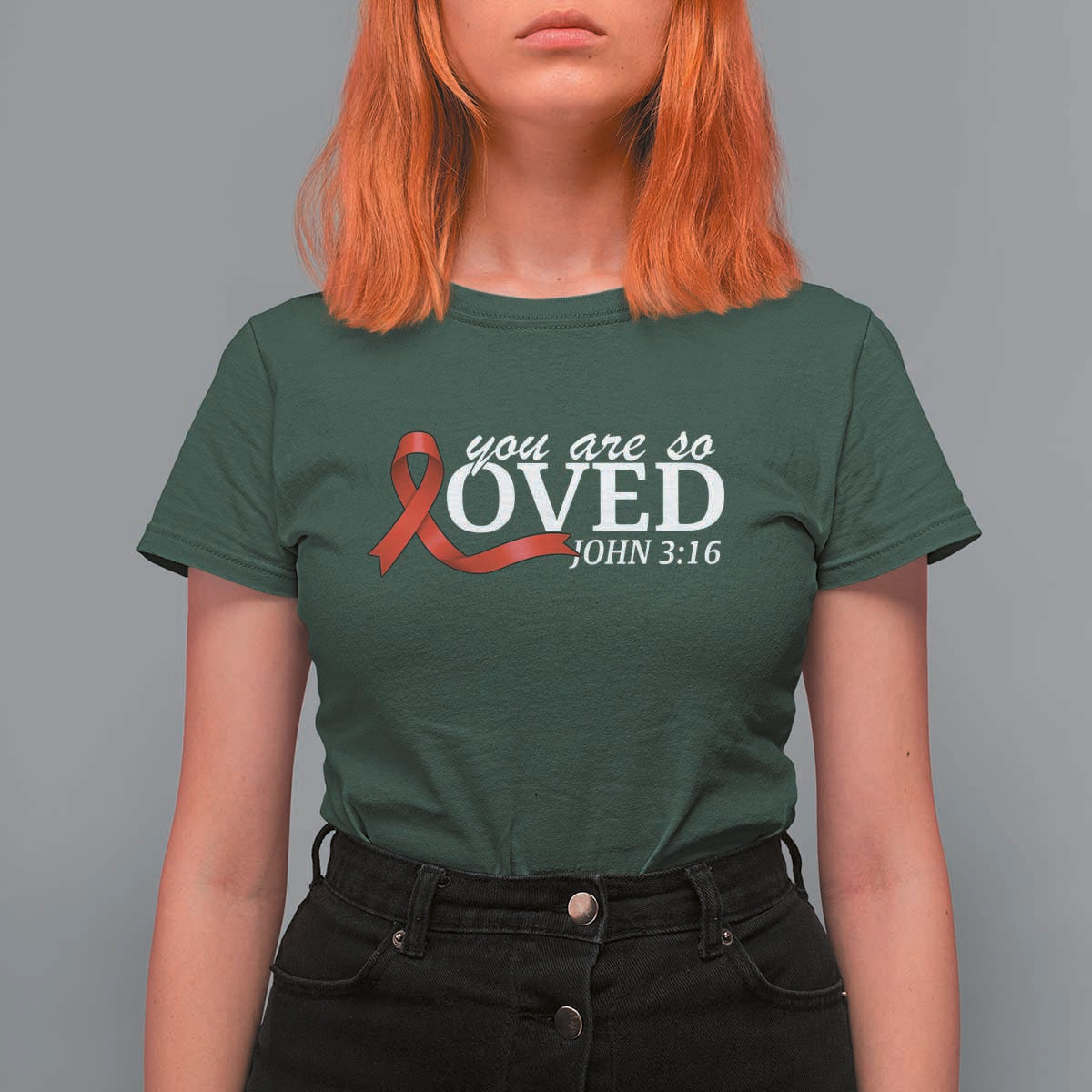Red Ribbon Christian T Shirt For Women Cross Bible Verse Inspirational Religious Faith - Wonder Print Shop