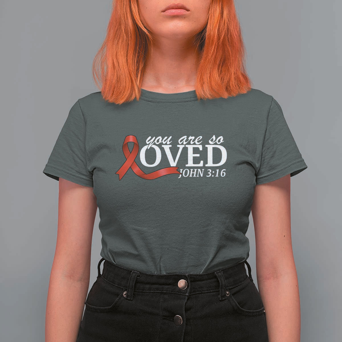Red Ribbon Christian T Shirt For Women Cross Bible Verse Inspirational Religious Faith - Wonder Print Shop