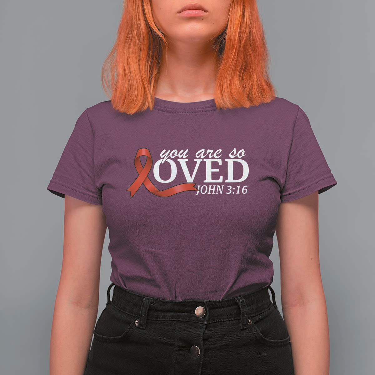 Red Ribbon Christian T Shirt For Women Cross Bible Verse Inspirational Religious Faith - Wonder Print Shop