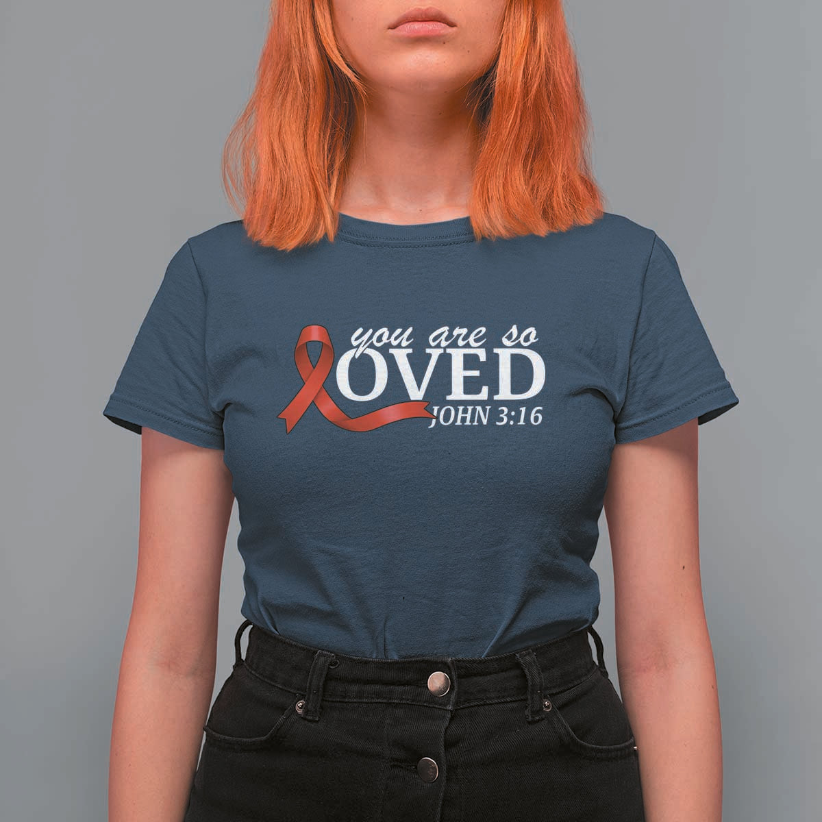 Red Ribbon Christian T Shirt For Women Cross Bible Verse Inspirational Religious Faith - Wonder Print Shop