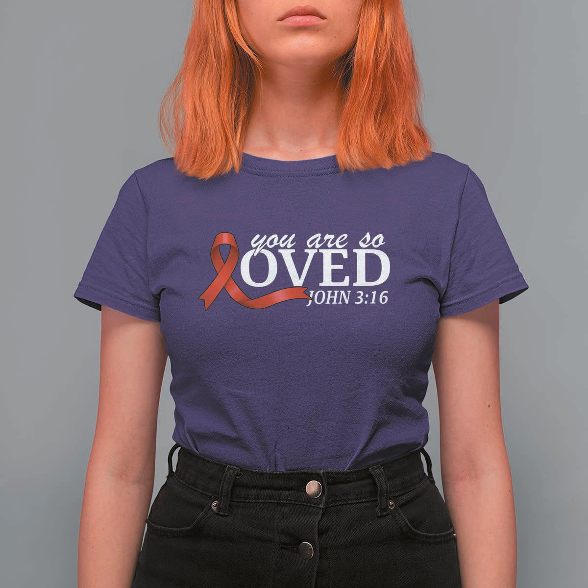 Red Ribbon Christian T Shirt For Women Cross Bible Verse Inspirational Religious Faith - Wonder Print Shop