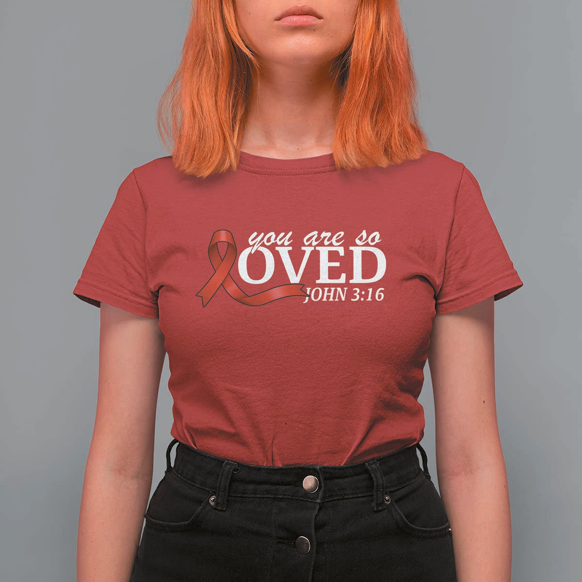 Red Ribbon Christian T Shirt For Women Cross Bible Verse Inspirational Religious Faith - Wonder Print Shop