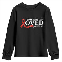 Red Ribbon Christian Youth Sweatshirt Cross Bible Verse Inspirational Religious Faith - Wonder Print Shop
