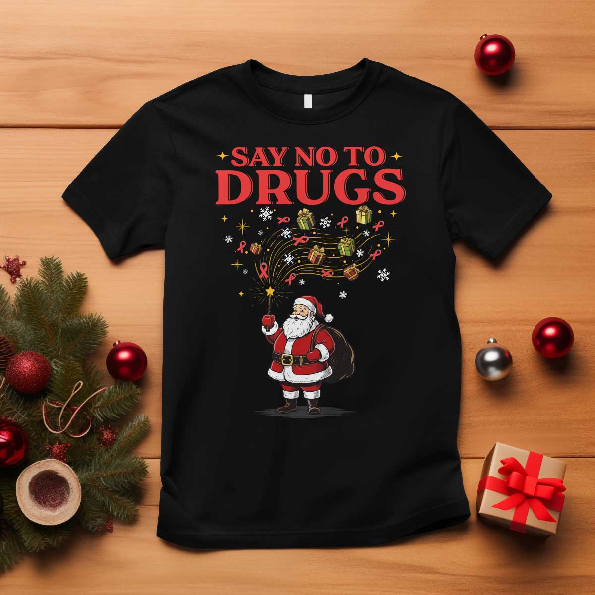 Santa Christmas T Shirt AIDS Awwanrness Red Ribbon HIV Support - Wonder Print Shop