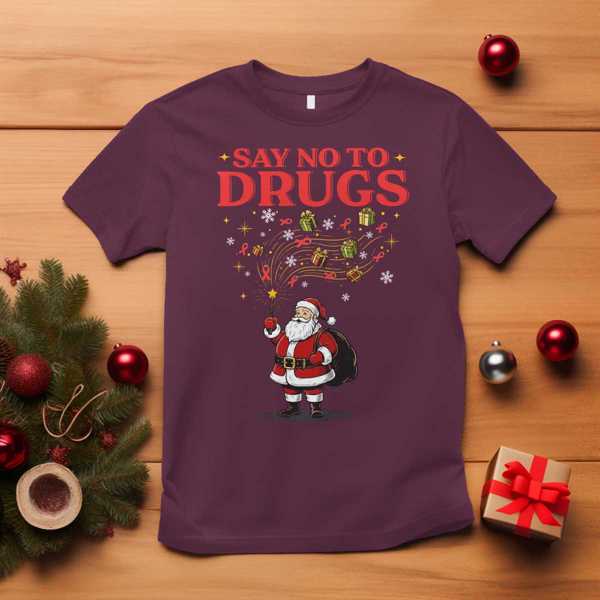 Santa Christmas T Shirt AIDS Awwanrness Red Ribbon HIV Support - Wonder Print Shop