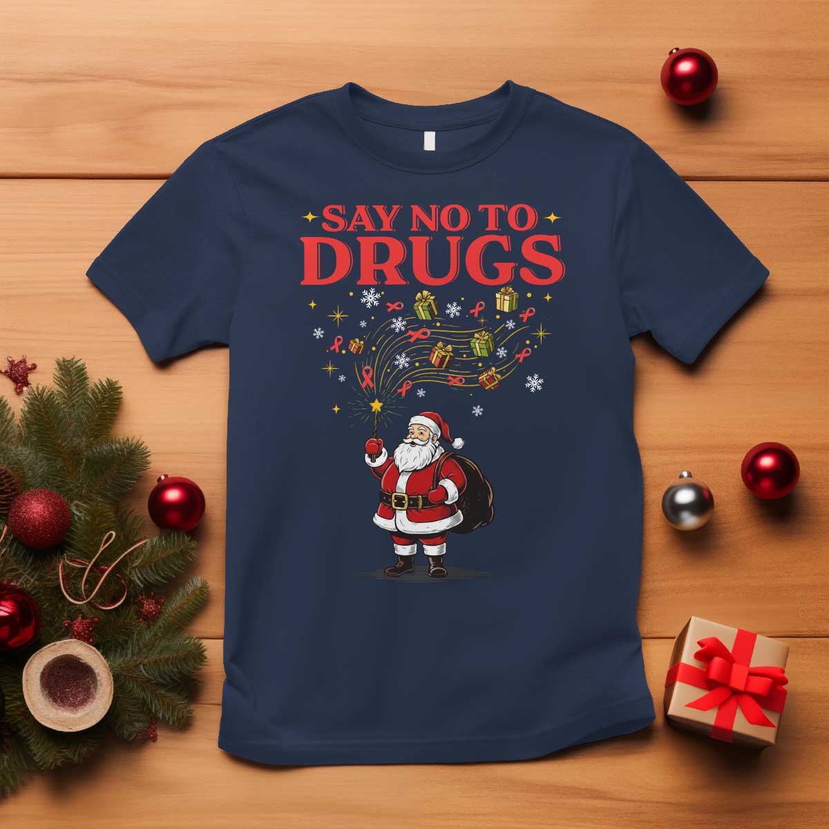 Santa Christmas T Shirt AIDS Awwanrness Red Ribbon HIV Support - Wonder Print Shop