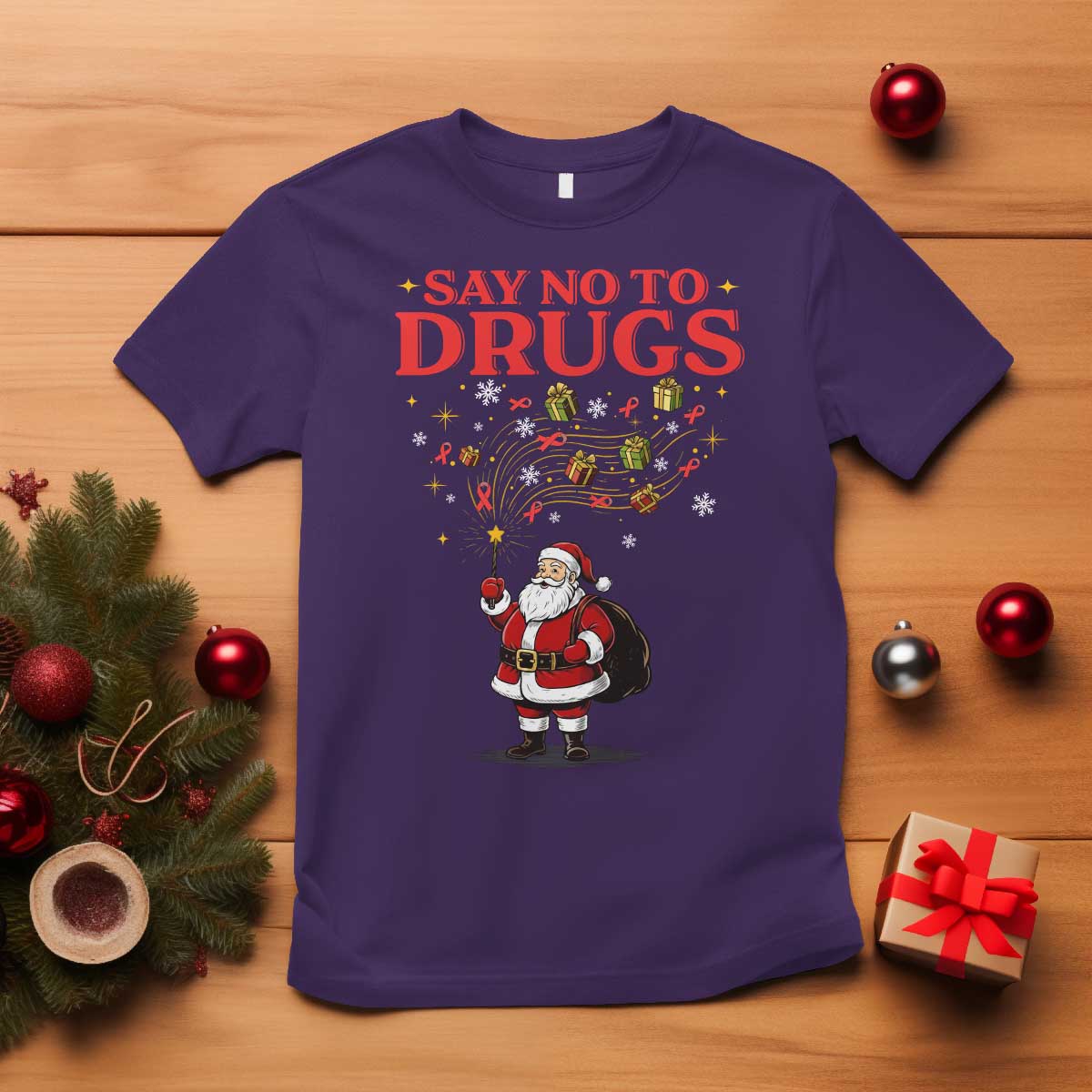 Santa Christmas T Shirt AIDS Awwanrness Red Ribbon HIV Support - Wonder Print Shop