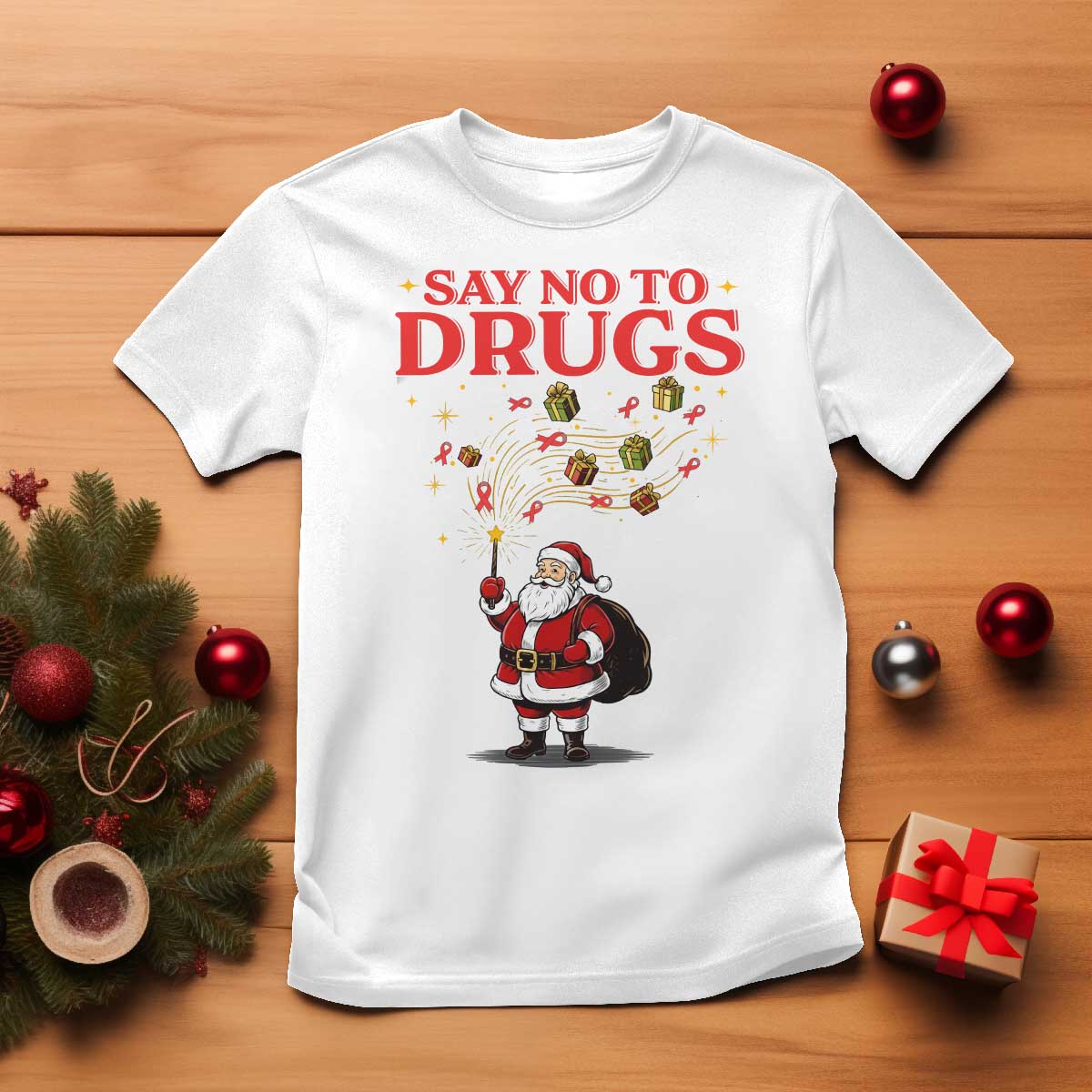 Santa Christmas T Shirt AIDS Awwanrness Red Ribbon HIV Support - Wonder Print Shop