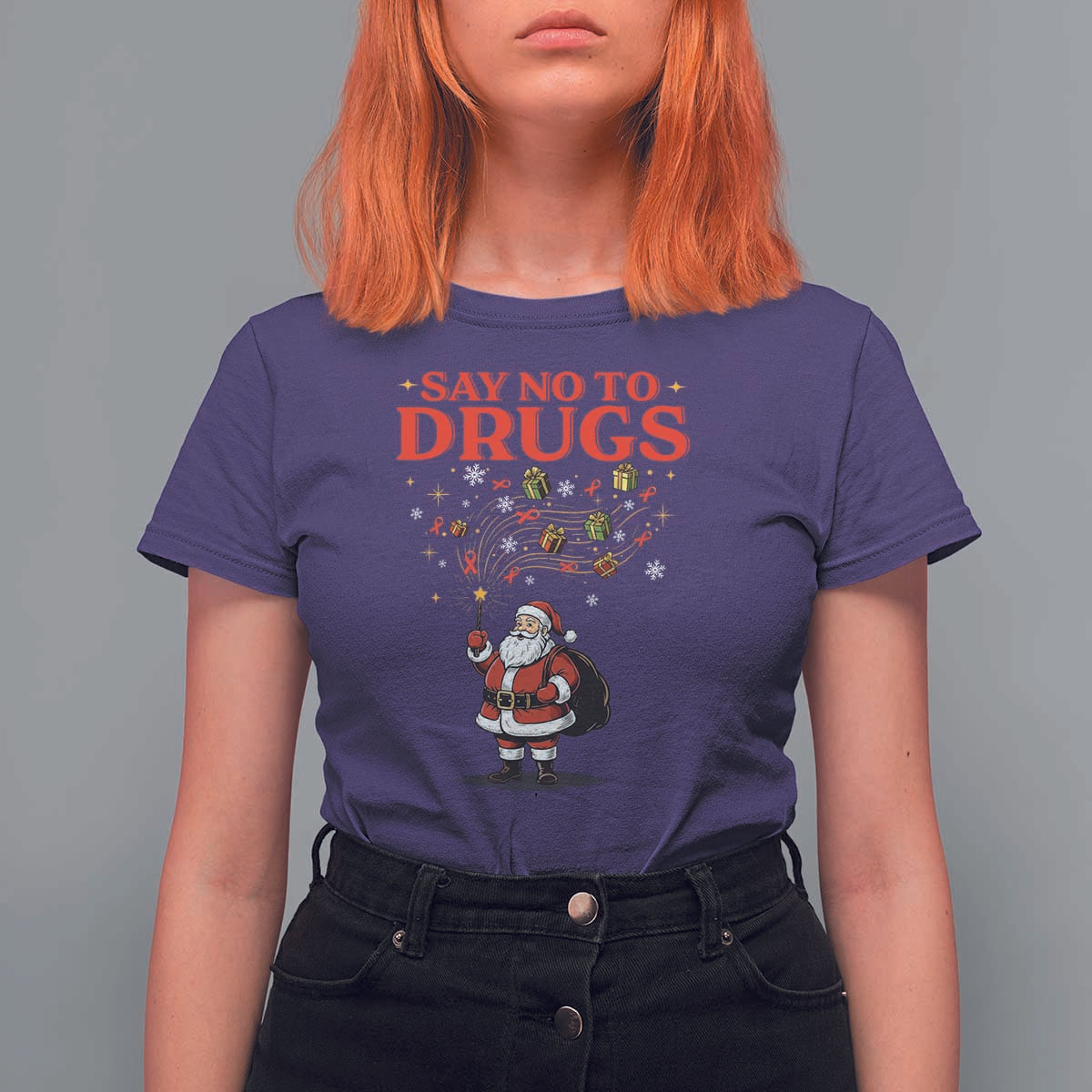 Santa Christmas T Shirt For Women AIDS Awwanrness Red Ribbon HIV Support - Wonder Print Shop