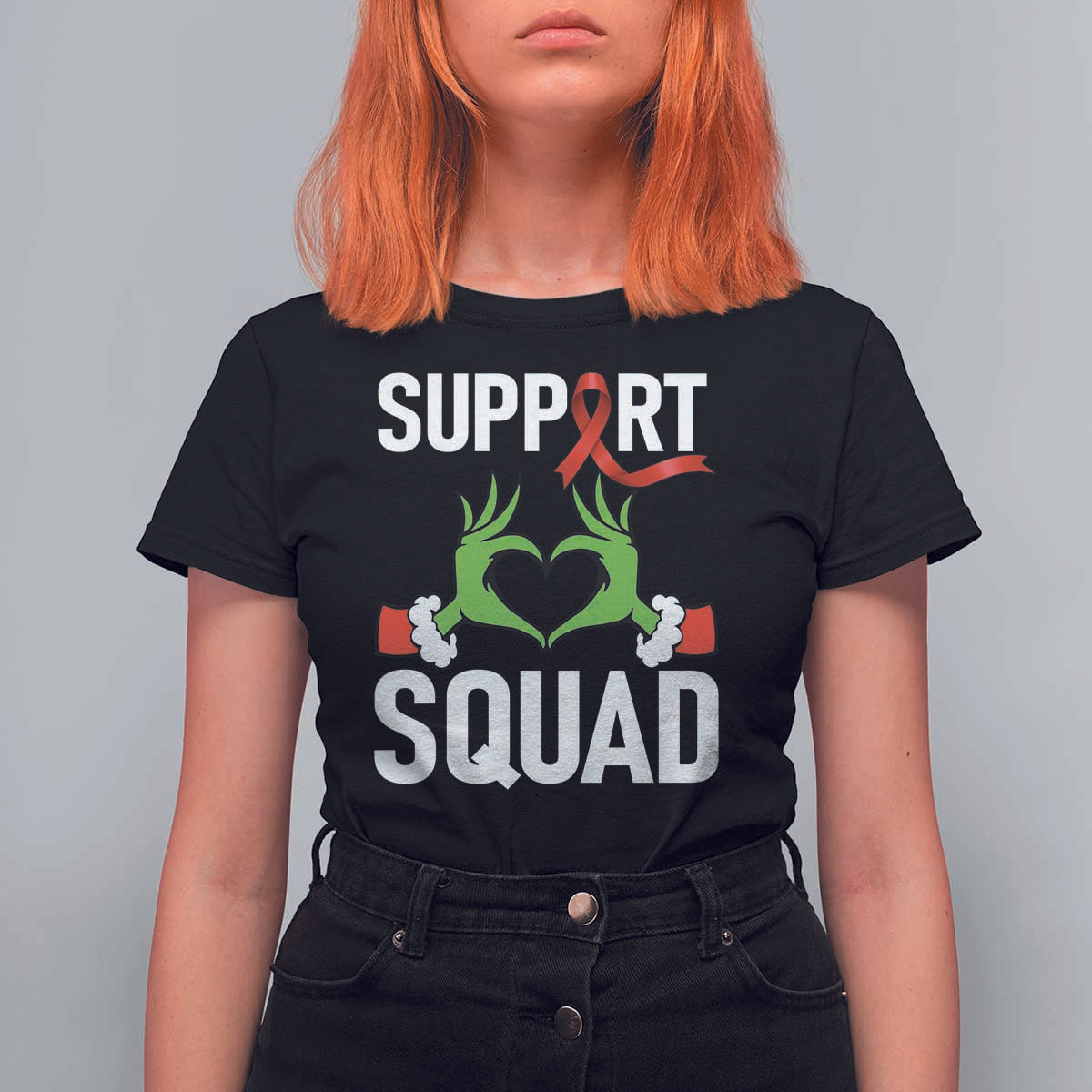 Red Ribbon AIDS Awareness T Shirt For Women Elf Hand Christmas HIV Support - Wonder Print Shop