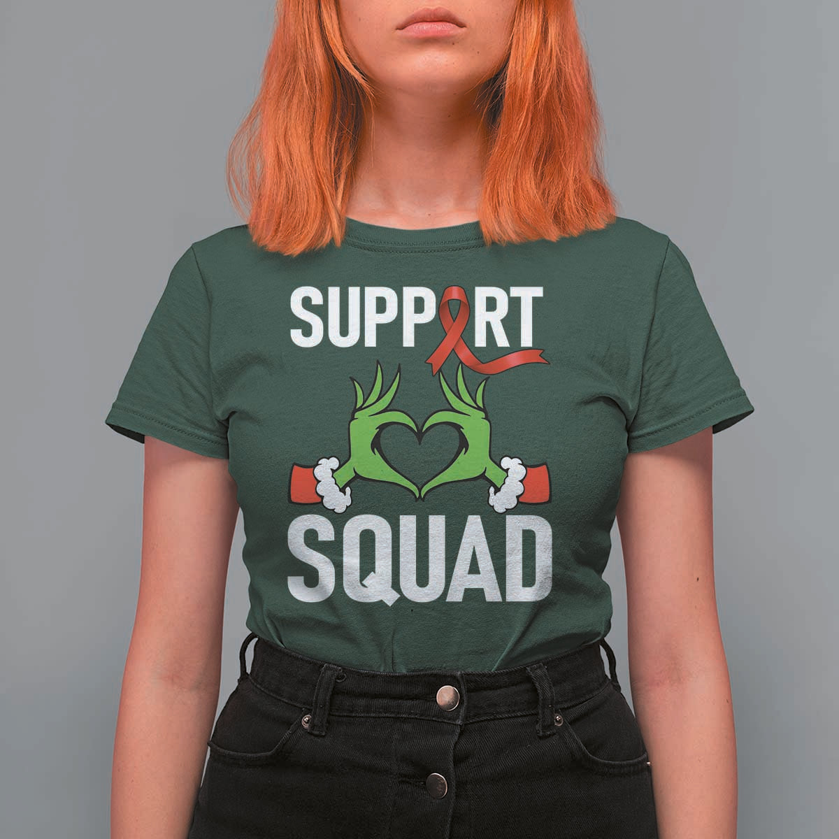 Red Ribbon AIDS Awareness T Shirt For Women Elf Hand Christmas HIV Support - Wonder Print Shop