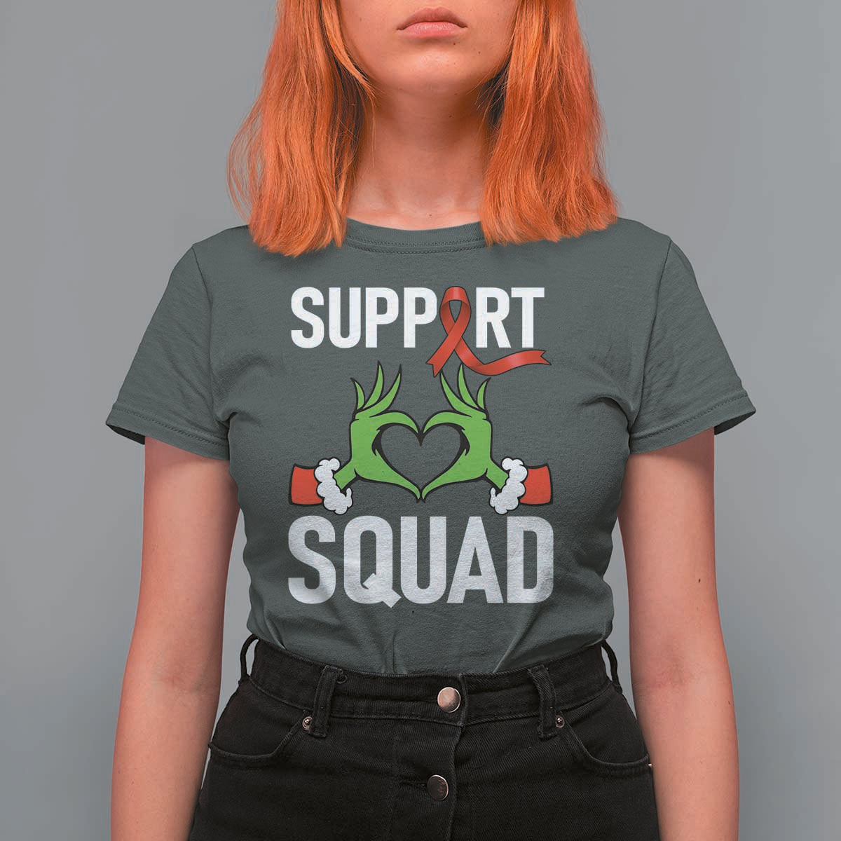 Red Ribbon AIDS Awareness T Shirt For Women Elf Hand Christmas HIV Support - Wonder Print Shop