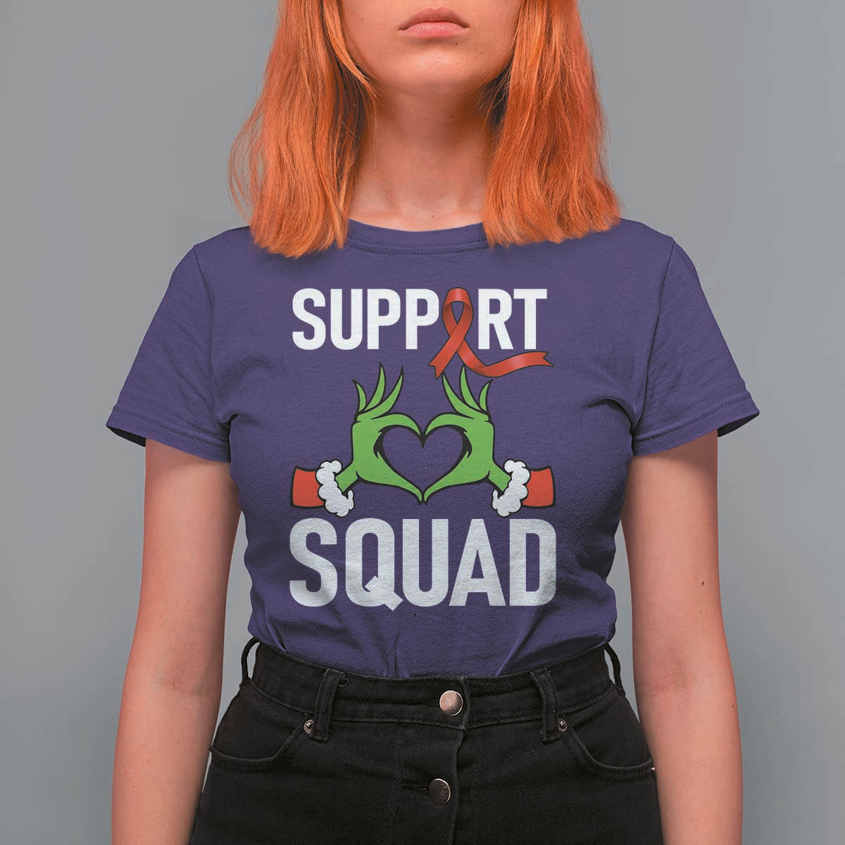 Red Ribbon AIDS Awareness T Shirt For Women Elf Hand Christmas HIV Support - Wonder Print Shop
