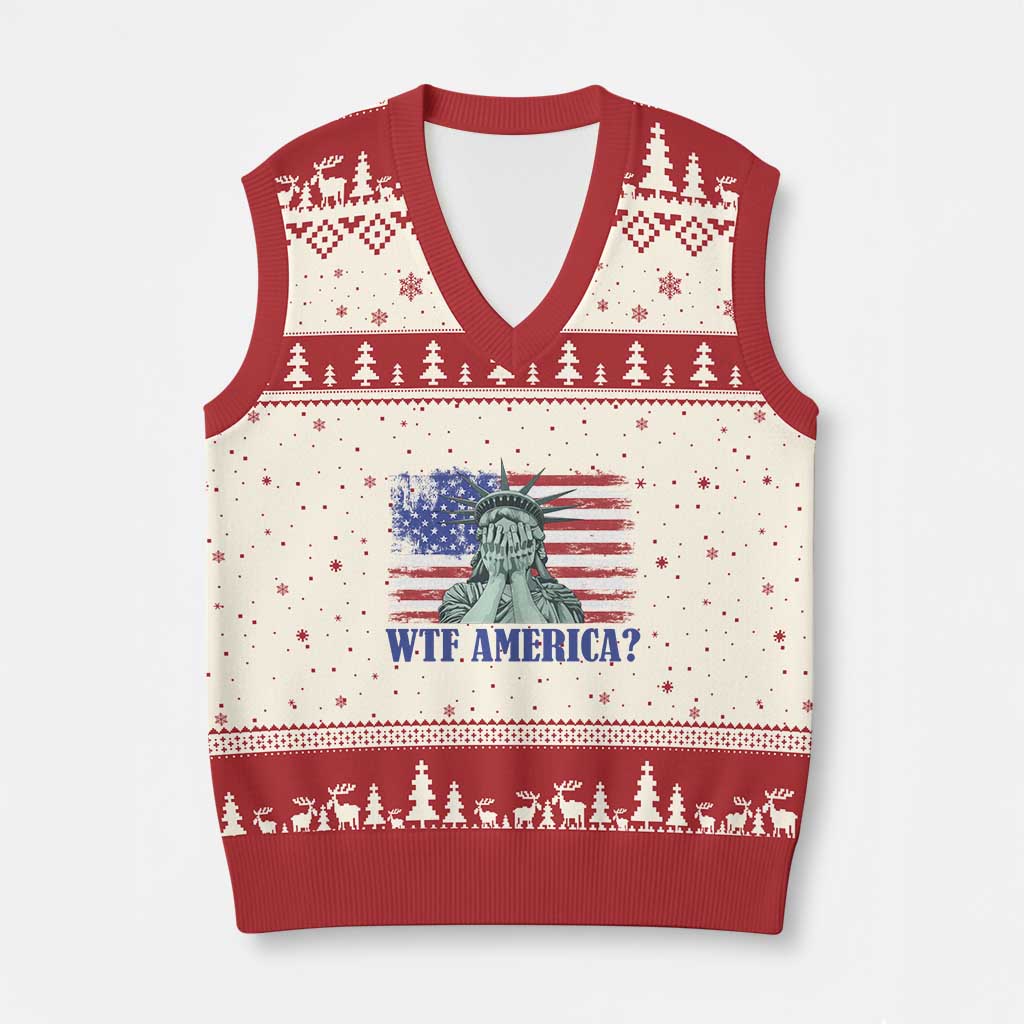 Funny American V-Neck Knit Sweater Vest Statue of Liberty WTF USA Freedom Satire - Wonder Print Shop