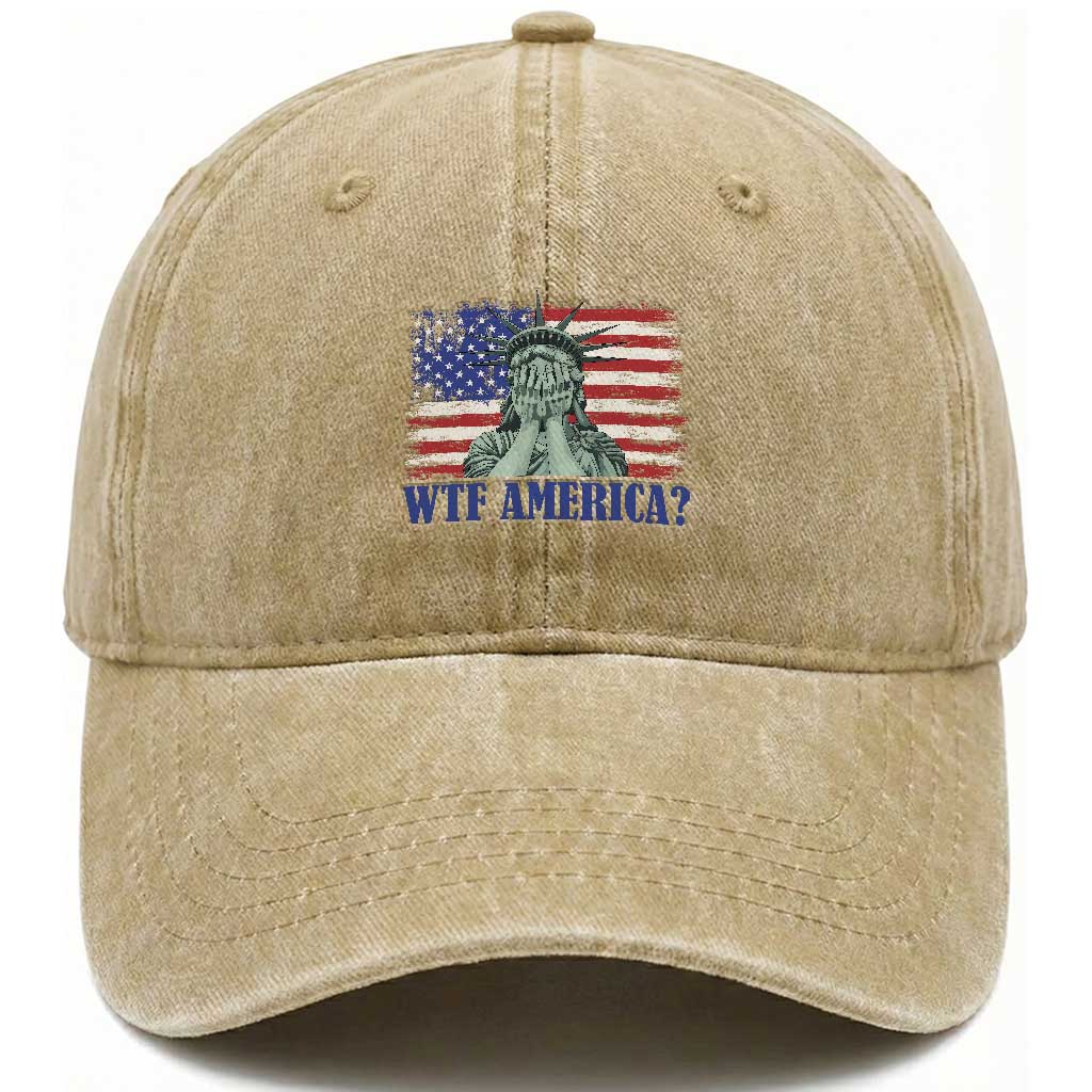 Funny American Washed Cotton Baseball Cap Statue of Liberty WTF USA Freedom Satire