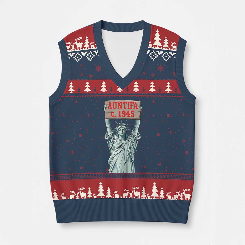 Antifa Fascism V-Neck Knit Sweater Vest Statue of Liberty Anti Fascism Patriotic - Wonder Print Shop