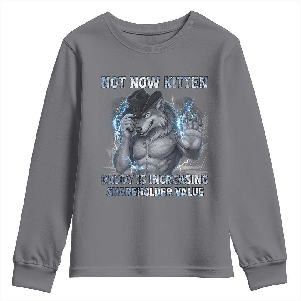 Not Now Kitten Daddy Increasing Shareholder Value Youth Sweatshirt Funny Wolf Meme