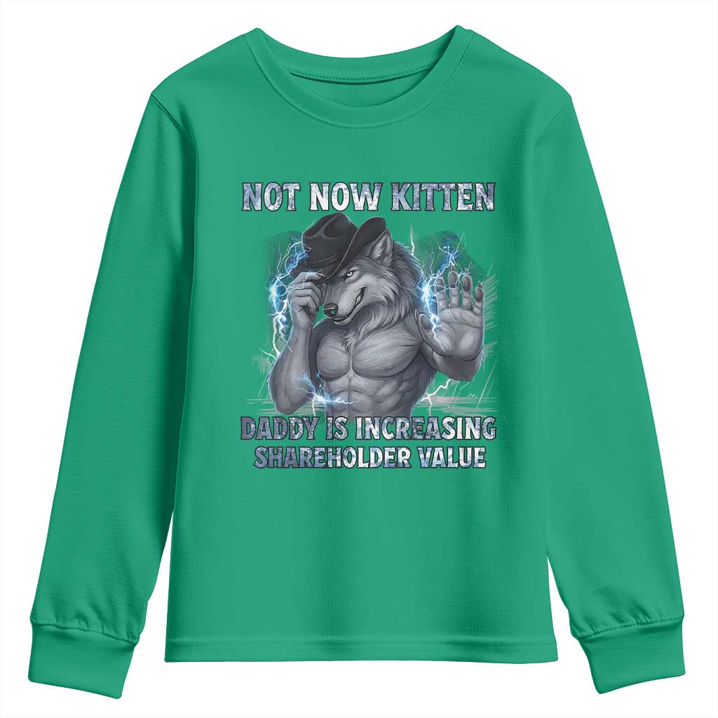 Not Now Kitten Daddy Increasing Shareholder Value Youth Sweatshirt Funny Wolf Meme