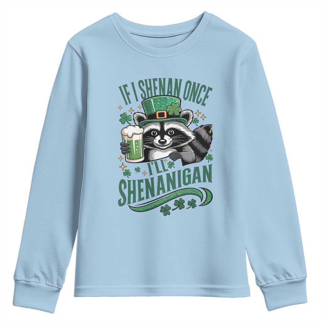 Funny St Patricks Day Raccoon Drinking Beer Youth Sweatshirt If I Shenan Once I'll Shenanigan